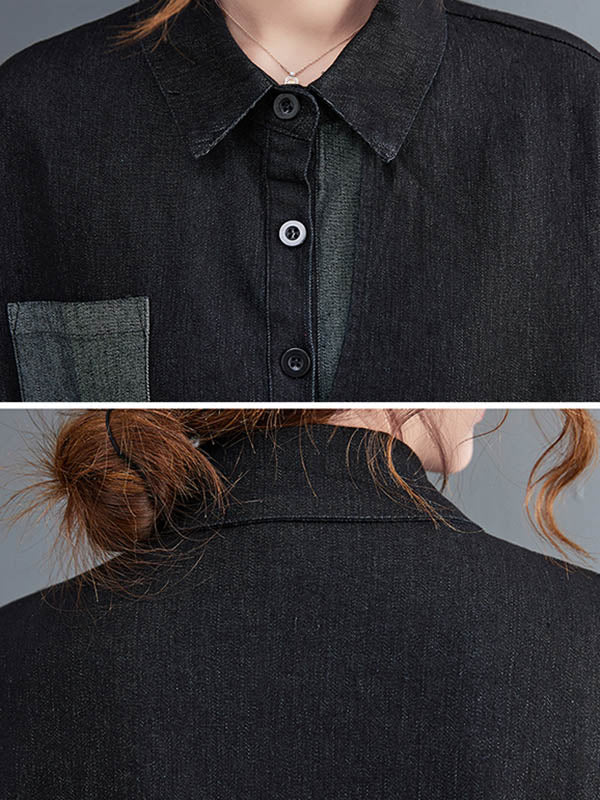 Original Loose Denim Split-Joint Tied Lapel Collar Long Sleeves Midi Dress - Image 7