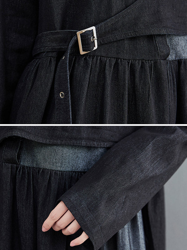 Original Loose Denim Split-Joint Tied Lapel Collar Long Sleeves Midi Dress - Image 9