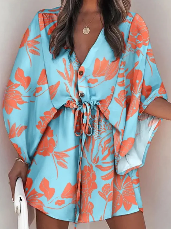 Original Loose Floral Printed Contrast Color Tied Mini Shirt Dress - Image 2