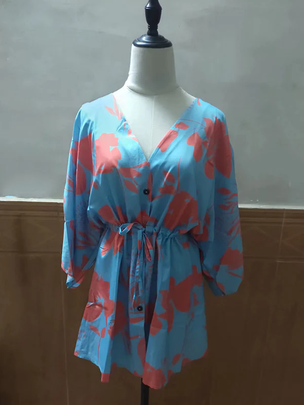 Original Loose Floral Printed Contrast Color Tied Mini Shirt Dress - Image 3