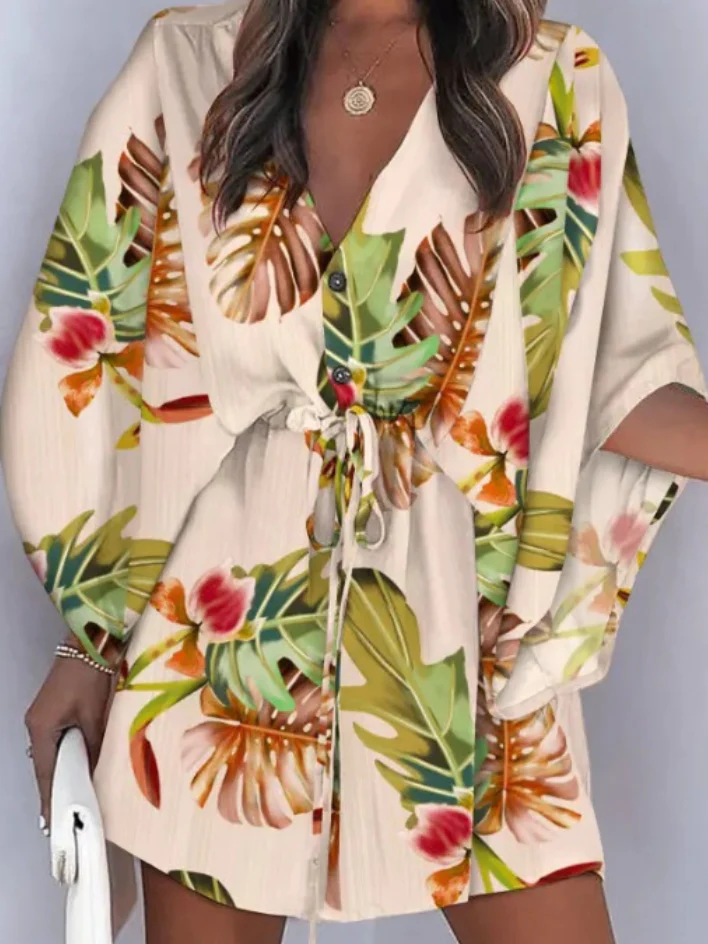 Original Loose Floral Printed Tied Buttoned Mini Shirt Dress - Image 2