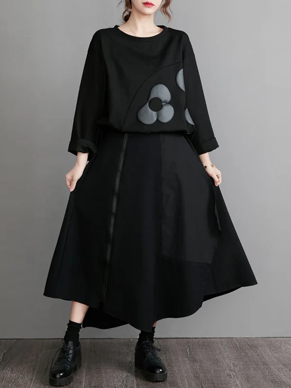 Original Loose Flower Printed Round-Neck Long Sleeves T-Shirt Top - Image 10