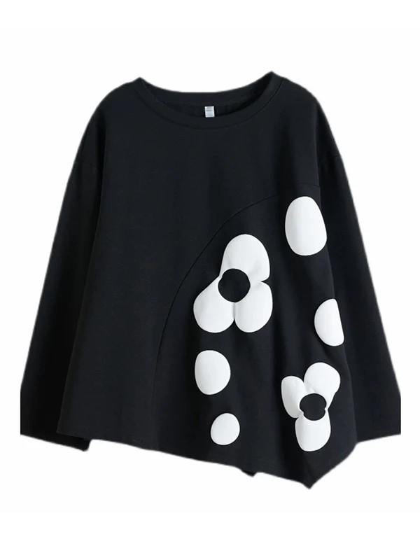 Original Loose Flower Printed Round-Neck Long Sleeves T-Shirt Top - Image 12
