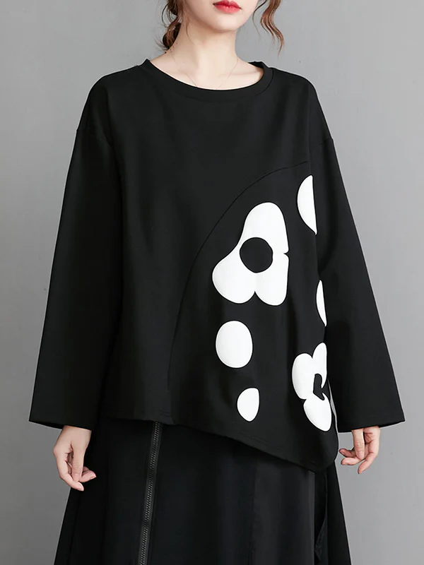Original Loose Flower Printed Round-Neck Long Sleeves T-Shirt Top - Image 3