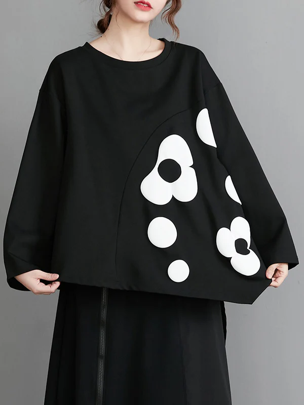 Original Loose Flower Printed Round-Neck Long Sleeves T-Shirt Top - Image 4