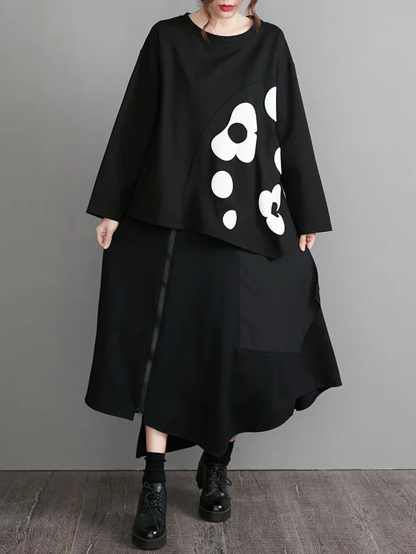 Original Loose Flower Printed Round-Neck Long Sleeves T-Shirt Top - Image 7