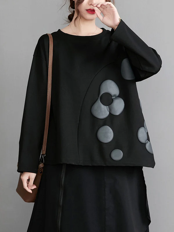 Original Loose Flower Printed Round-Neck Long Sleeves T-Shirt Top - Image 8