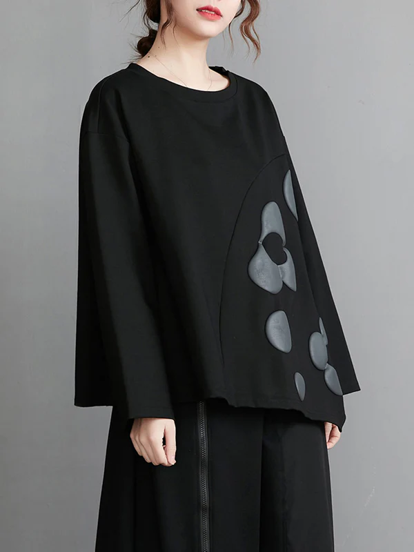 Original Loose Flower Printed Round-Neck Long Sleeves T-Shirt Top - Image 9