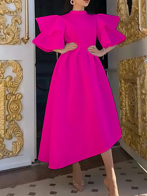 Original Loose Half Sleeves Falbala Solid Color Round-Neck Midi Dresses - Image 2