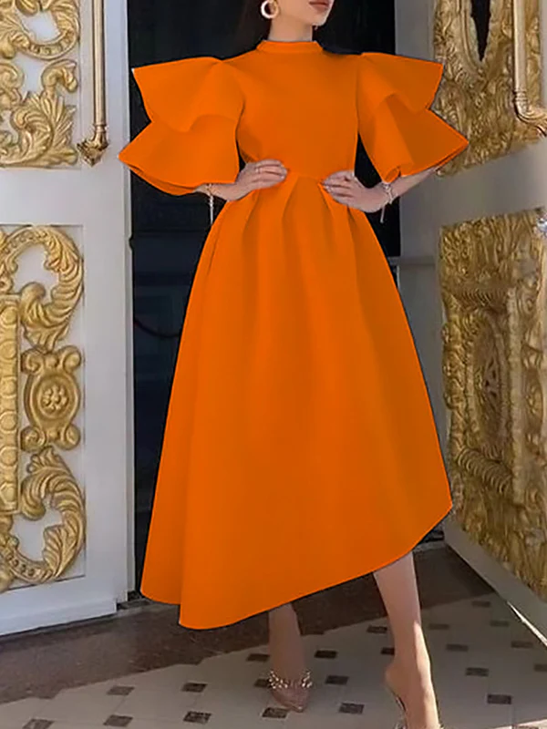 Original Loose Half Sleeves Falbala Solid Color Round-Neck Midi Dresses - Image 3