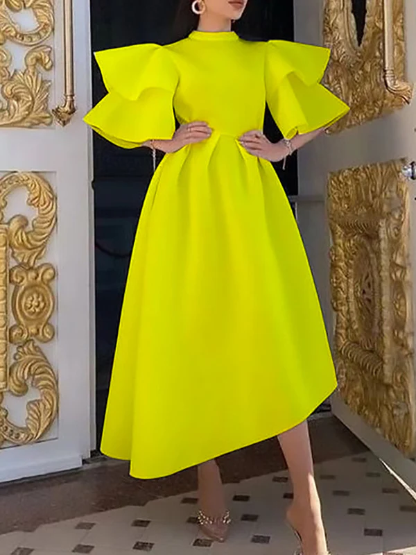 Original Loose Half Sleeves Falbala Solid Color Round-Neck Midi Dresses - Image 4