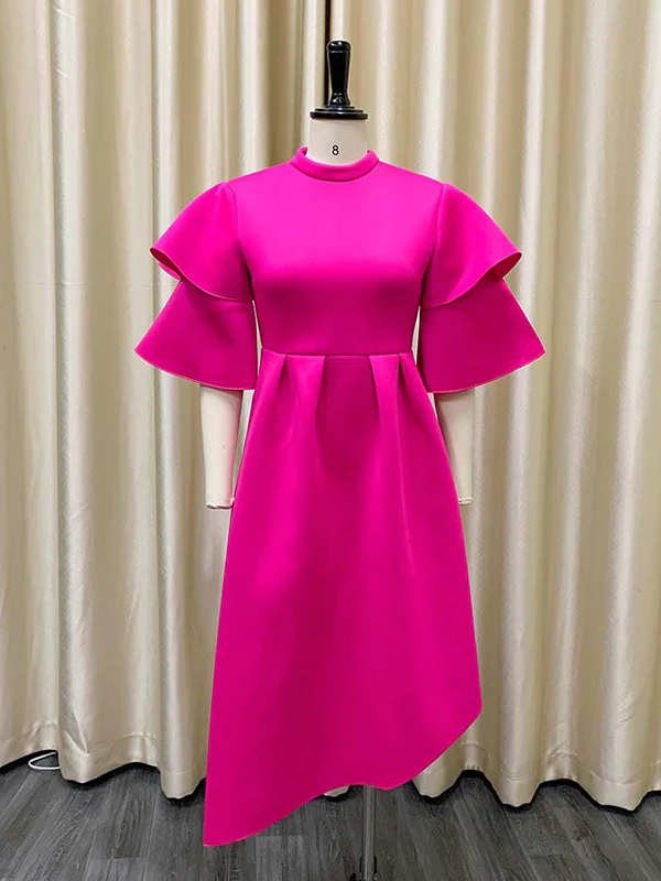 Original Loose Half Sleeves Falbala Solid Color Round-Neck Midi Dresses - Image 5
