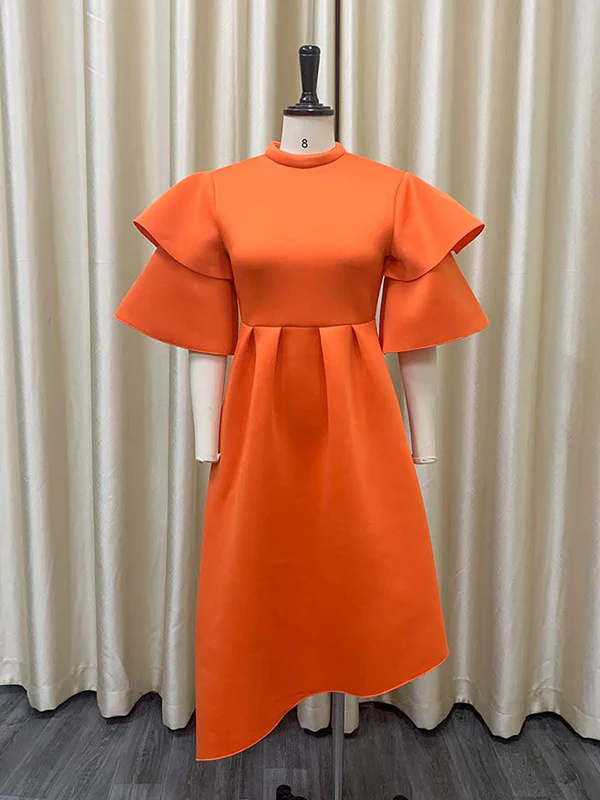 Original Loose Half Sleeves Falbala Solid Color Round-Neck Midi Dresses - Image 6