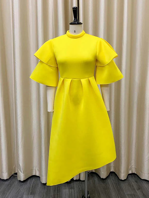 Original Loose Half Sleeves Falbala Solid Color Round-Neck Midi Dresses - Image 7