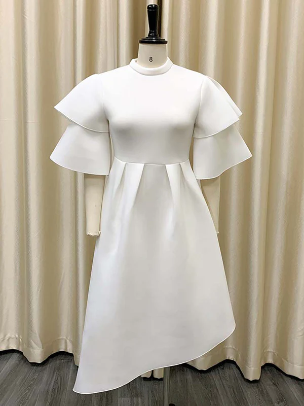Original Loose Half Sleeves Falbala Solid Color Round-Neck Midi Dresses - Image 8