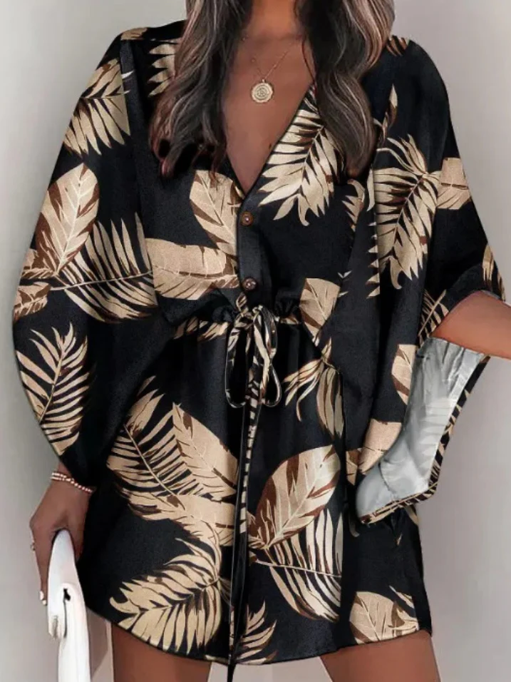 Original Loose Leaf Printed Contrast Color Tied Buttoned Mini Shirt Dress - Image 2