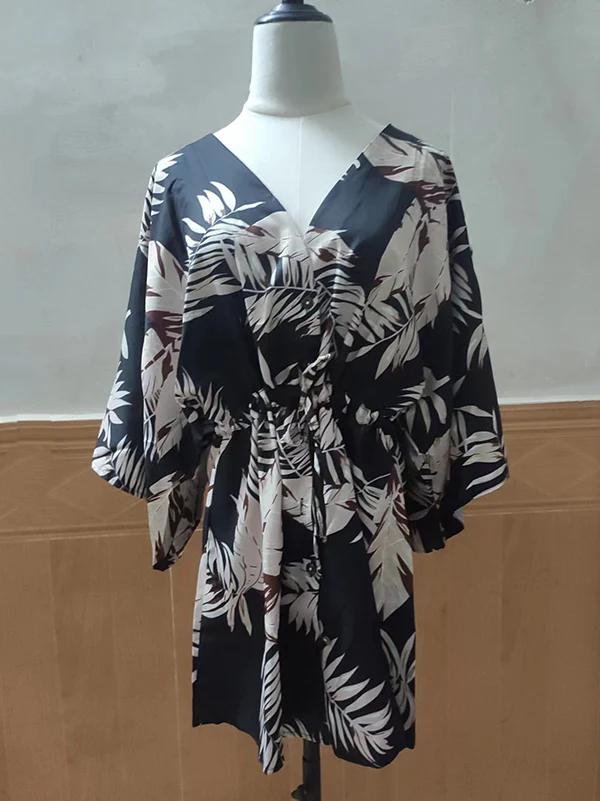 Original Loose Leaf Printed Contrast Color Tied Buttoned Mini Shirt Dress - Image 3
