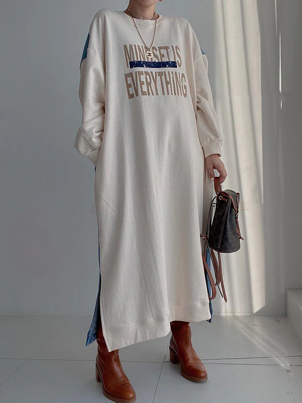 Original Loose Long Sleeves Letter Print Split-Side Split-Joint Round-Neck Midi Dresses - Image 2