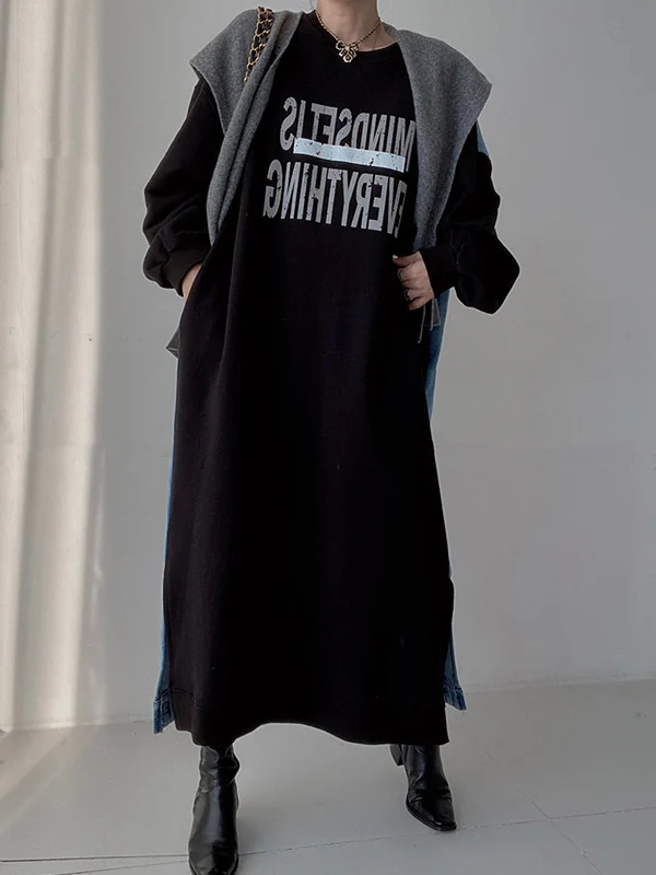 Original Loose Long Sleeves Letter Print Split-Side Split-Joint Round-Neck Midi Dresses - Image 3