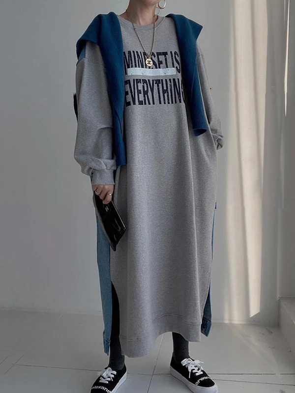 Original Loose Long Sleeves Letter Print Split-Side Split-Joint Round-Neck Midi Dresses - Image 4