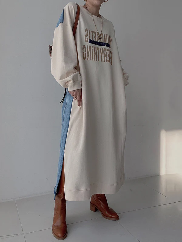 Original Loose Long Sleeves Letter Print Split-Side Split-Joint Round-Neck Midi Dresses - Image 5