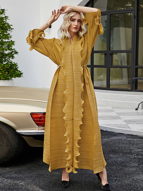 Original Loose Long Sleeves Tied Pleated Falbala Solid Color V-Neck Maxi Dresses - Image 10