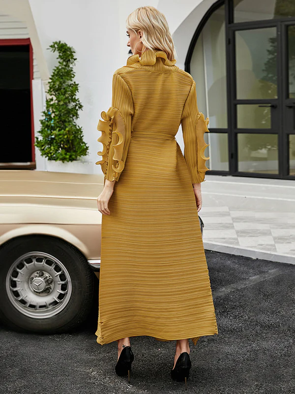 Original Loose Long Sleeves Tied Pleated Falbala Solid Color V-Neck Maxi Dresses - Image 11