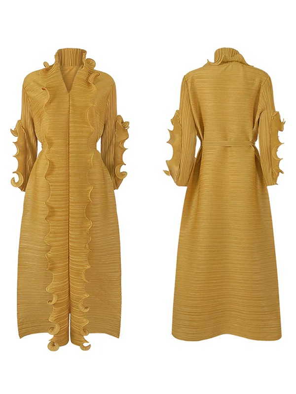Original Loose Long Sleeves Tied Pleated Falbala Solid Color V-Neck Maxi Dresses - Image 12