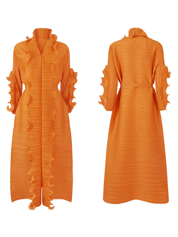 Original Loose Long Sleeves Tied Pleated Falbala Solid Color V-Neck Maxi Dresses - Image 13