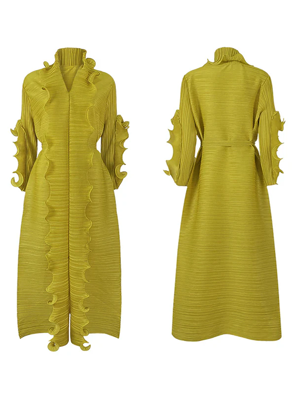 Original Loose Long Sleeves Tied Pleated Falbala Solid Color V-Neck Maxi Dresses - Image 14