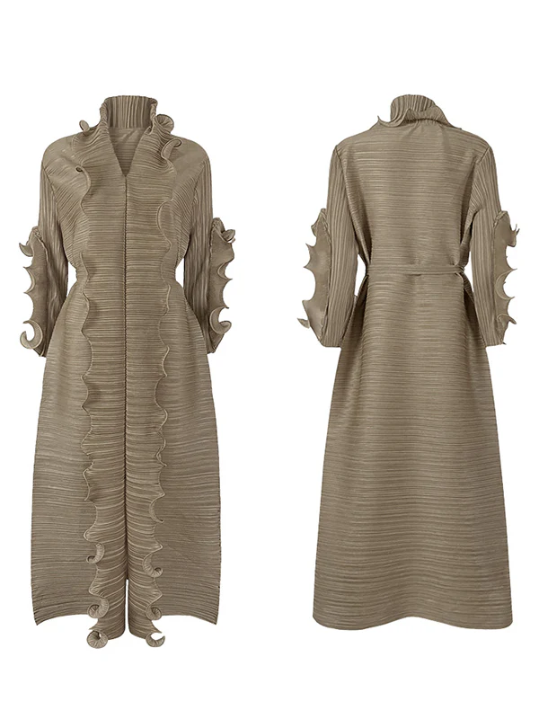Original Loose Long Sleeves Tied Pleated Falbala Solid Color V-Neck Maxi Dresses - Image 15