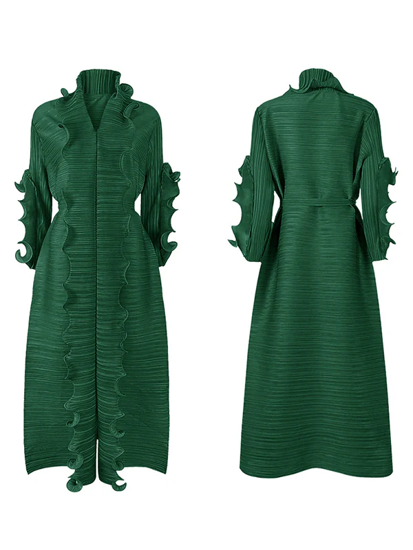 Original Loose Long Sleeves Tied Pleated Falbala Solid Color V-Neck Maxi Dresses - Image 16