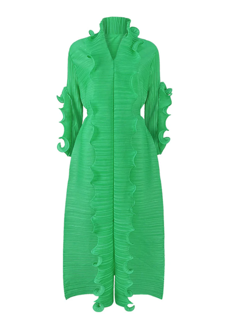Original Loose Long Sleeves Tied Pleated Falbala Solid Color V-Neck Maxi Dresses - Image 17