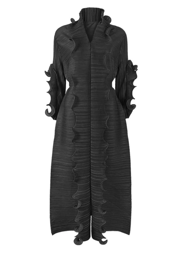 Original Loose Long Sleeves Tied Pleated Falbala Solid Color V-Neck Maxi Dresses - Image 18