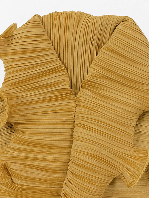 Original Loose Long Sleeves Tied Pleated Falbala Solid Color V-Neck Maxi Dresses - Image 19