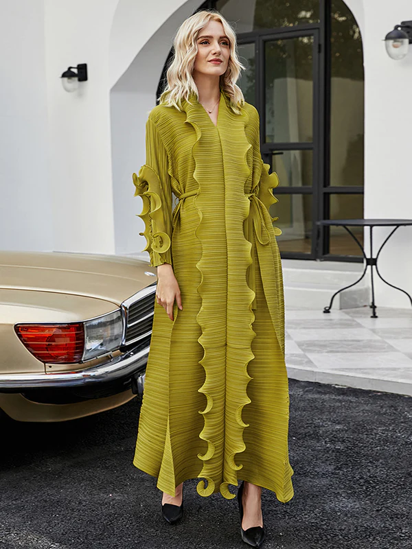 Original Loose Long Sleeves Tied Pleated Falbala Solid Color V-Neck Maxi Dresses - Image 3