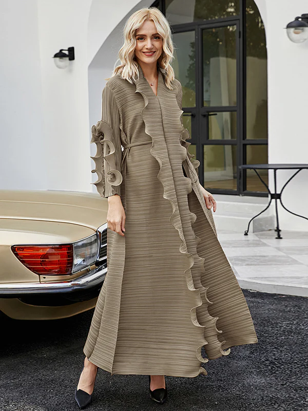 Original Loose Long Sleeves Tied Pleated Falbala Solid Color V-Neck Maxi Dresses - Image 4