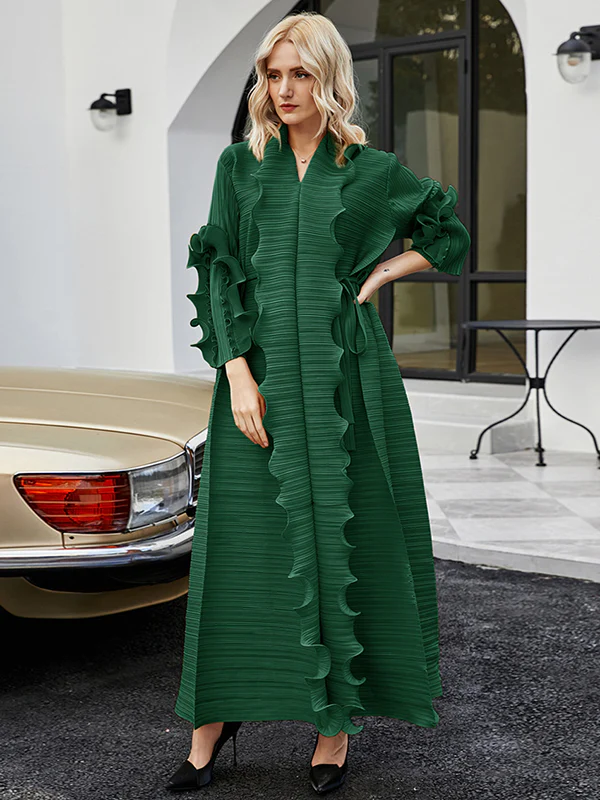 Original Loose Long Sleeves Tied Pleated Falbala Solid Color V-Neck Maxi Dresses - Image 5