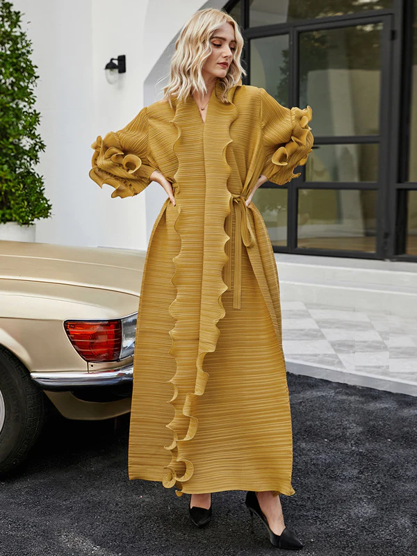 Original Loose Long Sleeves Tied Pleated Falbala Solid Color V-Neck Maxi Dresses - Image 6