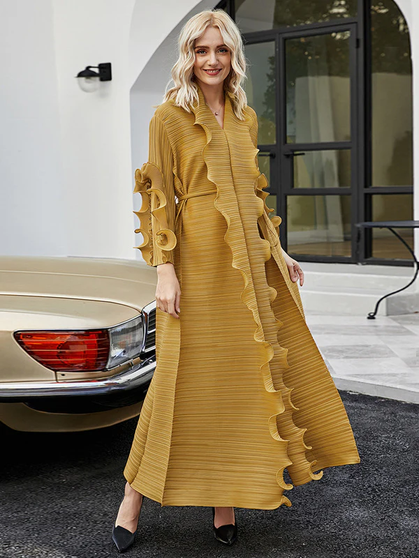 Original Loose Long Sleeves Tied Pleated Falbala Solid Color V-Neck Maxi Dresses - Image 7
