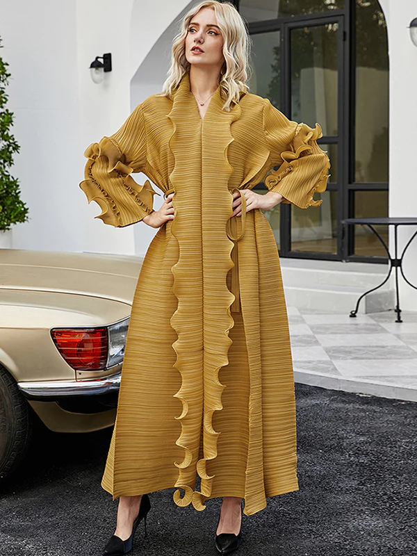 Original Loose Long Sleeves Tied Pleated Falbala Solid Color V-Neck Maxi Dresses - Image 8
