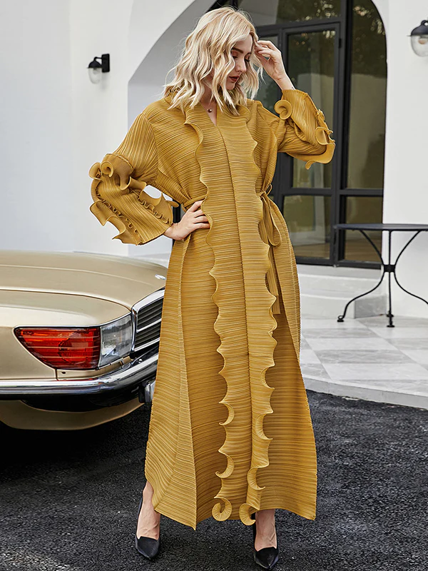 Original Loose Long Sleeves Tied Pleated Falbala Solid Color V-Neck Maxi Dresses - Image 9