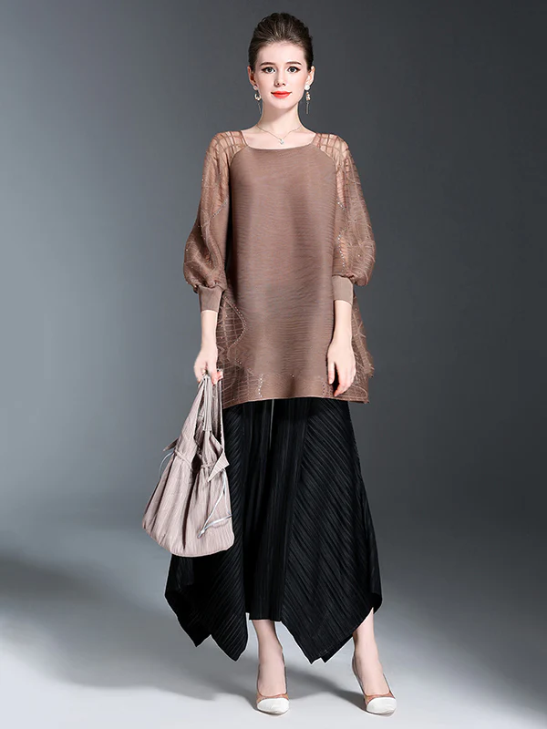 Original Loose Solid Color Irregular Pleated Wide Legs Pants - Image 5