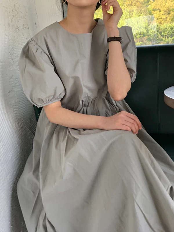 Original Loose Solid Color Pleated Puff Sleeves Midi Dress - Image 10