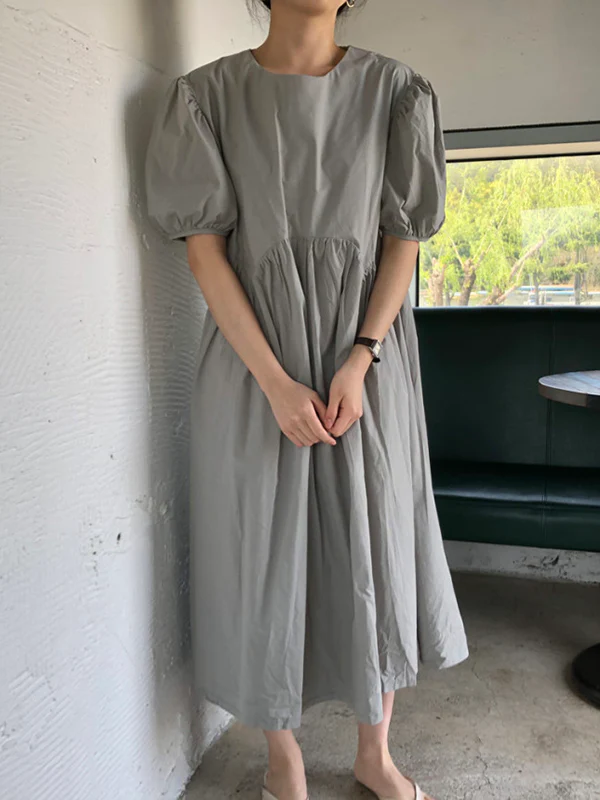Original Loose Solid Color Pleated Puff Sleeves Midi Dress - Image 11