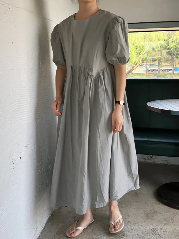 Original Loose Solid Color Pleated Puff Sleeves Midi Dress - Image 12