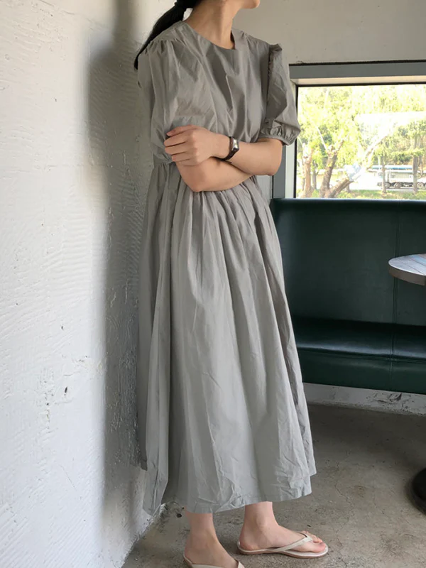 Original Loose Solid Color Pleated Puff Sleeves Midi Dress - Image 13