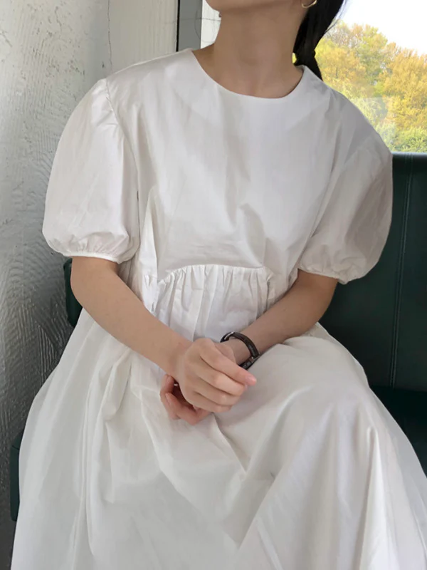 Original Loose Solid Color Pleated Puff Sleeves Midi Dress - Image 3