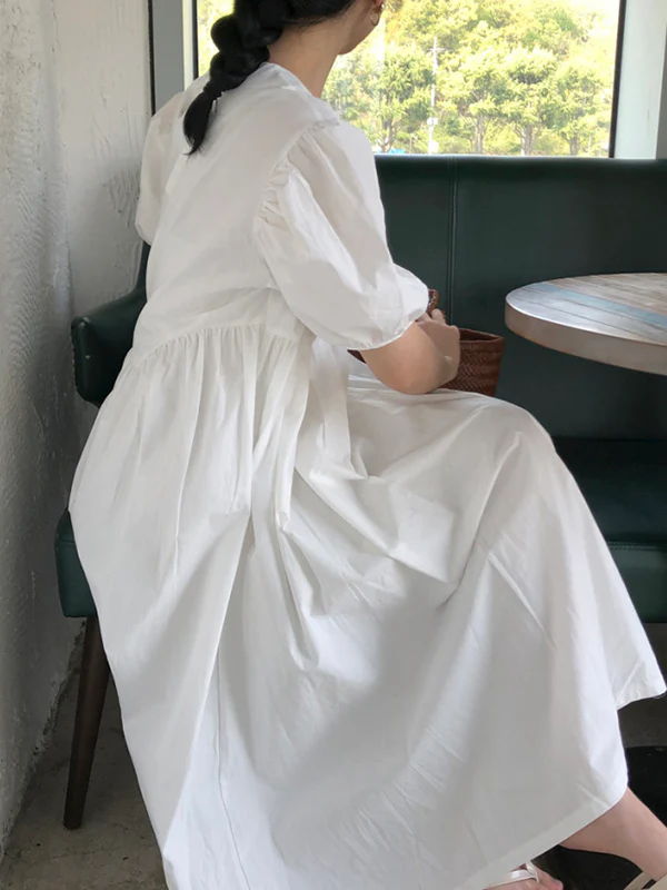Original Loose Solid Color Pleated Puff Sleeves Midi Dress - Image 4