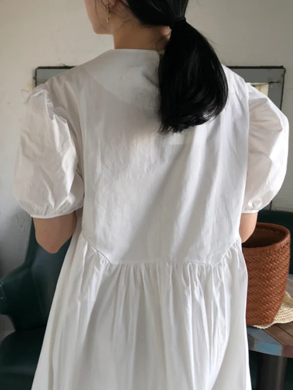 Original Loose Solid Color Pleated Puff Sleeves Midi Dress - Image 5